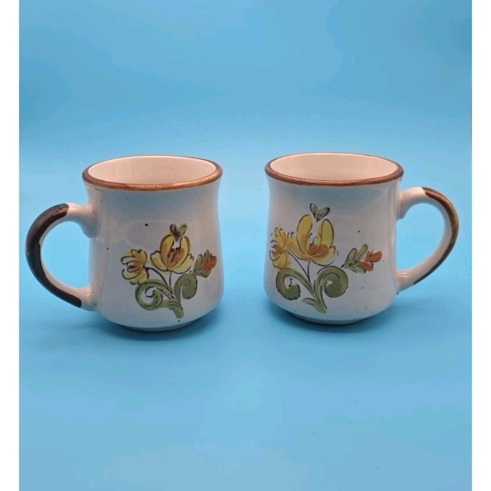 Vintage JMP Casualstone Korea Set of 2 Coffee Mugs Hand Painted Yellow Floral